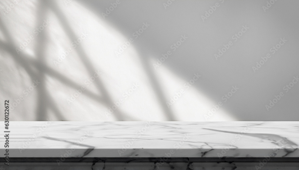 Aufkleber marble table with window shadow drop on white wall background for mockup product display