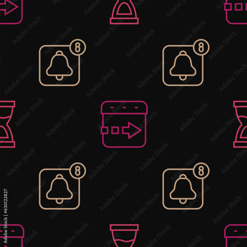 Poster set line old hourglass, alarm clock app mobile and time flies on the on seamless pattern. vector