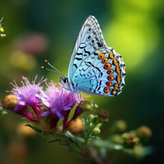Obraz premium Macro of a beautiful colourful butterfly sitting on a violet flower blossom