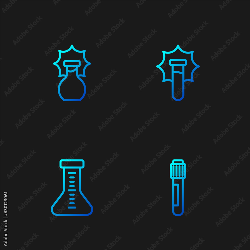 Poster set line test tube, explosion in the flask and . gradient color icons. vector