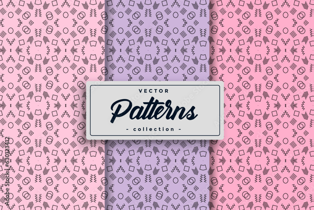 Fototapete Hand drawn geometric simple seamless pattern set, Abstract minimalist random textile symbol pattern, Collection of swatches seamless pattern vector background