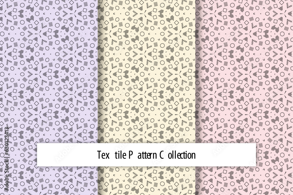 Fototapete Hand drawn geometric simple seamless pattern set, Abstract minimalist random textile symbol pattern, Collection of swatches seamless pattern vector background