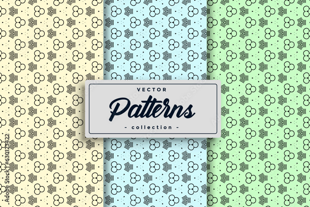Fototapete Hand drawn geometric simple seamless pattern set, Abstract minimalist random textile symbol pattern, Collection of swatches seamless pattern vector background
