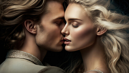 Obraz premium close-up portrait of young stylish beautiful couple man and woman in close head position.almost kiss. 