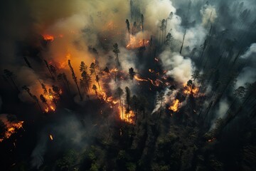 Fototapeta na wymiar Aerial view of a burning forest. Wildfire, global warming and climate change concept. Generative AI