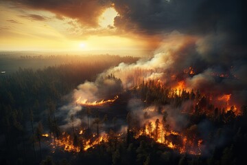 Fototapeta na wymiar Aerial view of a burning forest. Wildfire, global warming and climate change concept. Generative AI