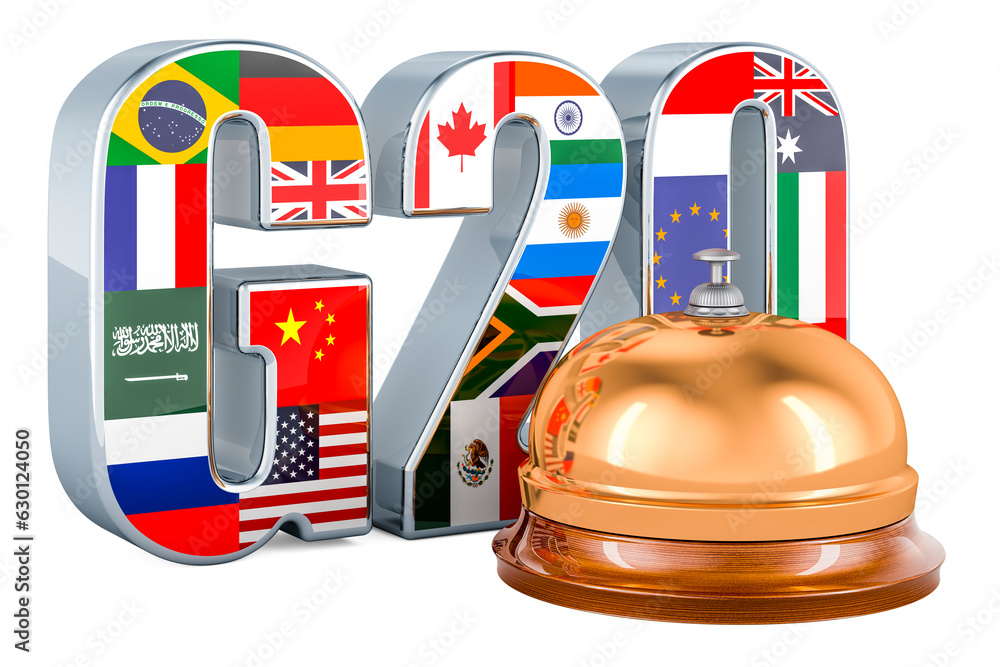 Poster g20 with reception bell, 3d rendering
