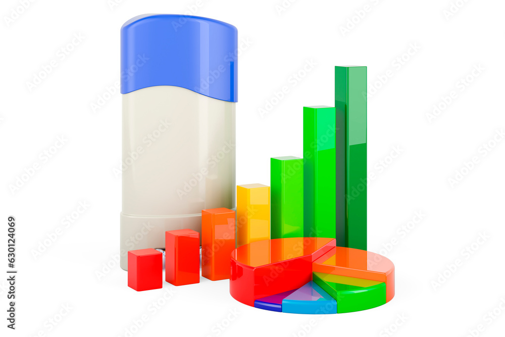 Poster solid anti-perspirant deodorant, deodorant stick with growth bar graph and pie chart, 3d rendering