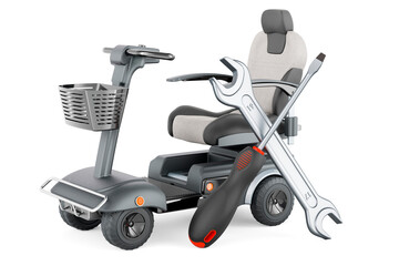 Powered mobility scooter with screwdriver and wrench, 3D rendering © natatravel