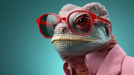 Trendy Chameleon with Sunglasses on a Vibrant Solid Color Background - Eye-Catching Image for Creative Projects
