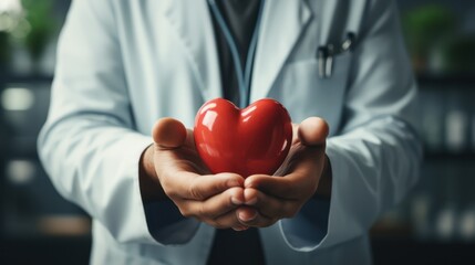 Doctor's hand holds red heart in hospital setting. Medical care and compassion concept. Symbolizing love and health in healthcare, ai generated