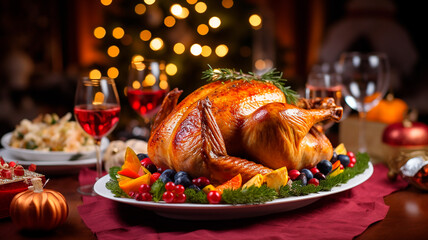 A delicious and inviting Christmas turkey on a table, ready to be carved and served.  