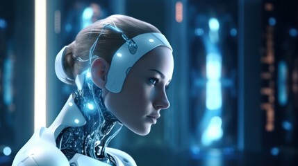 Future AI communication concept between person and robot in futuristic technology setting, cyber woman, female robot
