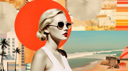 Vibrant summer vacation collage with beach elements and blonde women model in sunglasses with red lipstick  in trendy paper art style