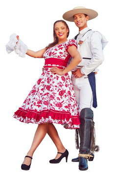 portrait young latin american adult couple posing dressed with traditional cueca clothing huaso costume