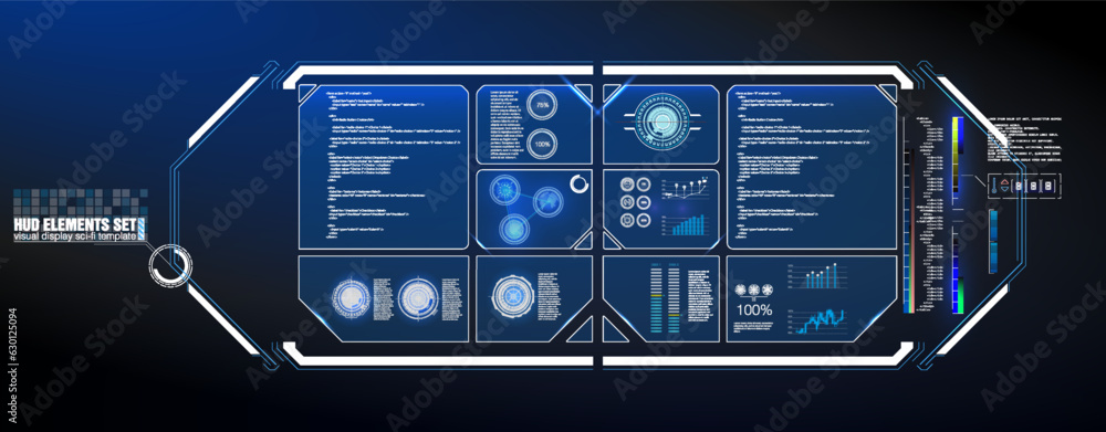 Poster a set of modern frames showcasing futuristic digital displays with hud tech and information box bars