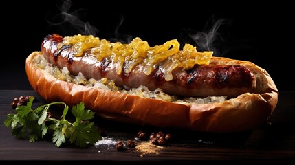 Heiße Bratwurst in einem Hot Dog Brötchen mit Zwiebeln und Senf