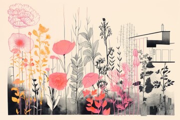 Risoprint Botanical Floral Architectural Landscape - retro - geometric