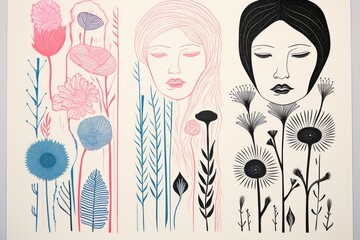 Geometric Risoprint - Floral retro female flowers