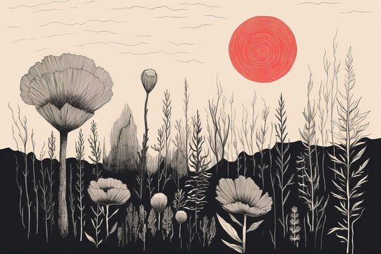Risoprint Botanical Floral Architectural Landscape - retro - geometric