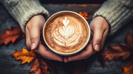 Autumn background with cup of coffee