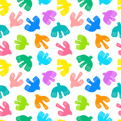 Obraz premium Colorful abstract birds seamless pattern. Isolated on white background. Free shapes, simple silhouettes, minimalistic style