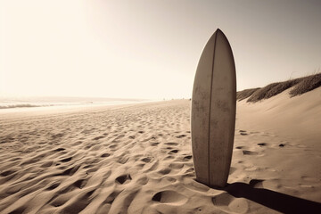 surfboard standing in the sand in the style of retro