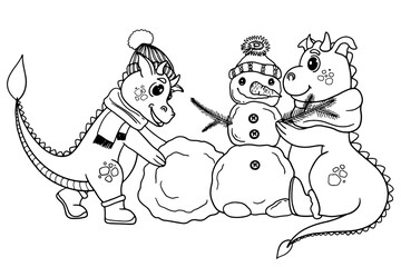 Two cute dragons are making a snowman vector outline illustration. Design for winter holidays and coloring book. Symbol of 2024 year.