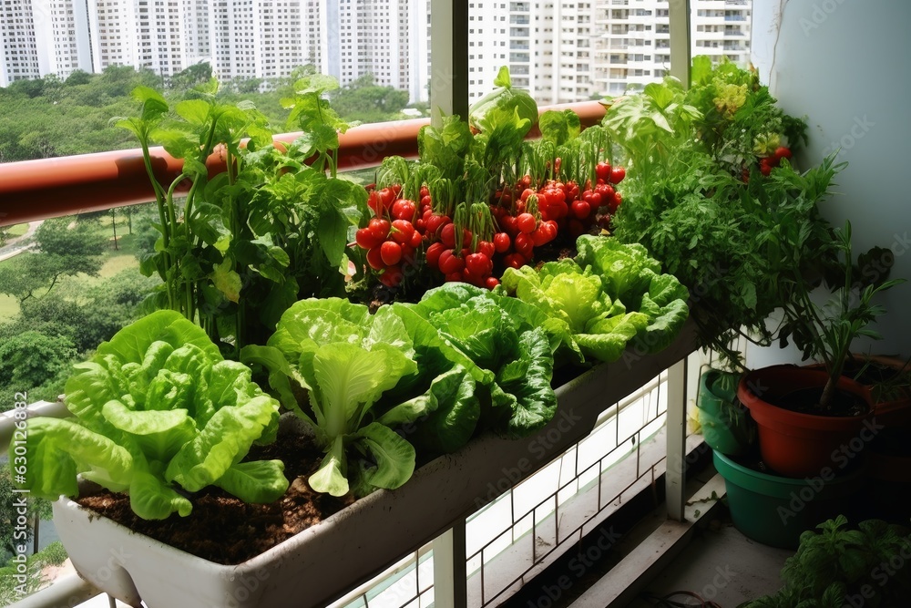 Wall mural A vegetable garden on a balcony in the big city.