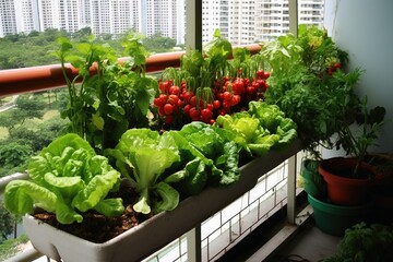 A vegetable garden on a balcony in the big city. - obrazy, fototapety, plakaty