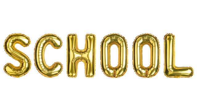 School. Back to School balloons. Yellow Gold foil helium balloon. Good for advertising, event, store shop posters. English alphabet letters, word. High resolution photo. Isolated background 