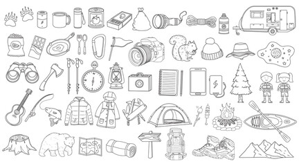 Hand drawn Kids drawing Cartoon Vector illustration Set of camping supplies. Children adventure camping tools and equipment icon Isolated on White Background