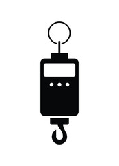 Digital hanging weight scale machine. Simple illustration in black and white.
