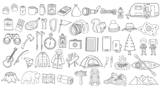 Hand Drawn Kids Drawing Cartoon Vector Illustration Set Of Camping Supplies. Children Adventure Camping Tools And Equipment Icon Isolated On White Background