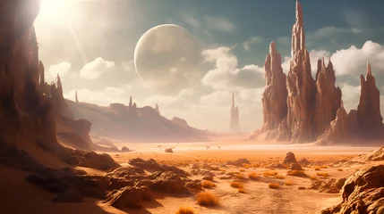 Wall murals Deep brown image of an alien planet desert with rocks in the background, in the style of sci-fi landscapes - Generative AI