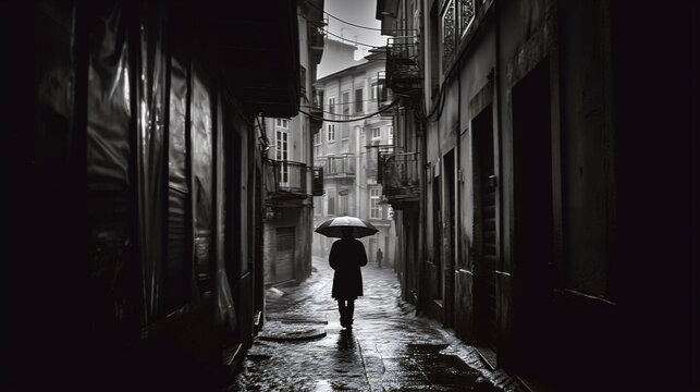 man under the rain with an umbrella in a dark street - generative AI