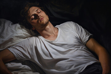 portrait of a young man with white t-shirt sleeping peacefully. High quality photo