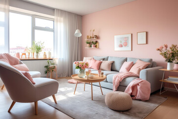 Open, cozy and spacious apartment in pastel colors in Scandinavian style