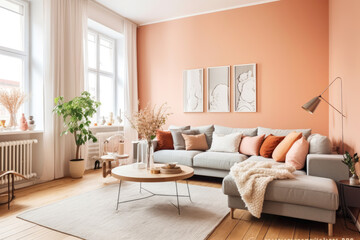 Open, cozy and spacious apartment in pastel colors in Scandinavian style