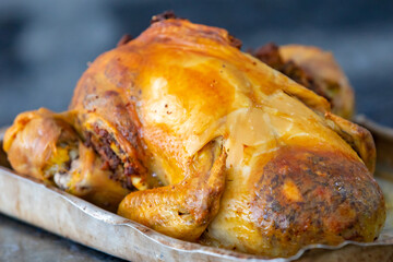 Traditional homemade mayonnaise salad with roasted chicken stuffed with Brazil-style farofa