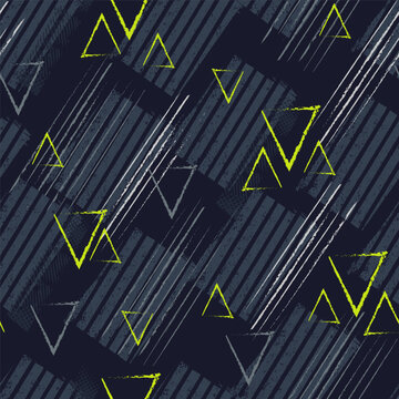 Abstract seamless pattern with urban geometric elements drops, spots, sprays, triangle. Neon background texture. Drive modern creative wallpapers 