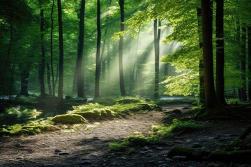 Obraz premium Dappled sunlight texture background, sun rays filtering through leaves, natural forest shadows backdrop, serene and enchanting.