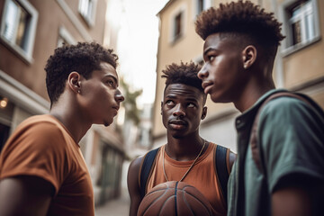Street Ball Champions: Three Talented African-American Boys Showcasing Their Basketball Skills, ai generative
