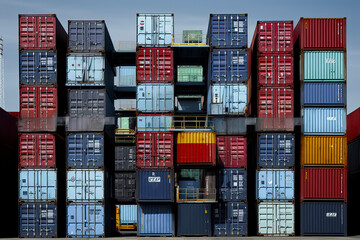 Fototapeta premium Harbor Symphony: A Piled Ensemble of Cargo Containers, Echoing the Global Trade Network, ai generative