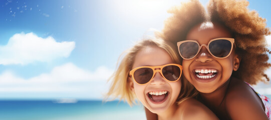 Two siblings of different races have fun on a sunny paradise beach during summer vacation,copy space