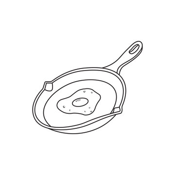 Hand drawn Kids drawing Cartoon Vector illustration frying pan with fried egg Isolated on White Background