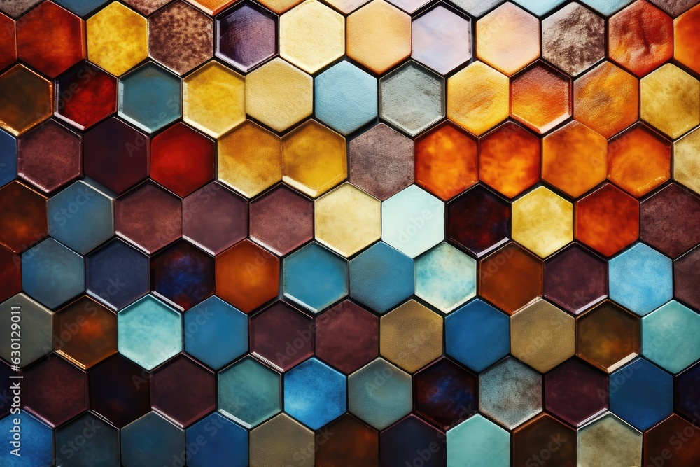 Canvas Prints Hexagonal mosaic texture background, geometric patterned surface, vibrant and colorful tile backdrop, modern and eye-catching