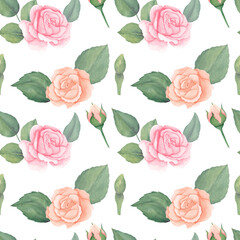Seamless watercolor floral pattern - pink peach flowers elements, green leaves branches on white background. for wrappers, wallpapers, postcards, greeting cards, wedding invites, romantic events