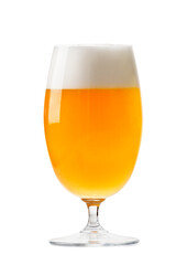 Glass of light beer with foam isolated on white background