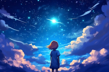 A beautiful picture of a girl standing in the center and looking at the magical night cloudy sky and the light coming from a big star. Made with Generative AI
